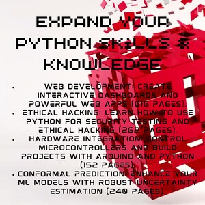 Puede incluir: Un cubo rojo en 3D con el texto "EXPAND YOUR PYTHON SKILLS & KNOWLEDGE" en la parte delantera. El cubo est&aacute; rodeado de cubos rojos m&aacute;s peque&ntilde;os. El texto debajo del cubo enumera cuatro formas diferentes de ampliar tus habilidades y conocimientos de Python, que incluyen desarrollo web, pirater&iacute;a &eacute;tica, integraci&oacute;n de hardware y predicci&oacute;n conforme.