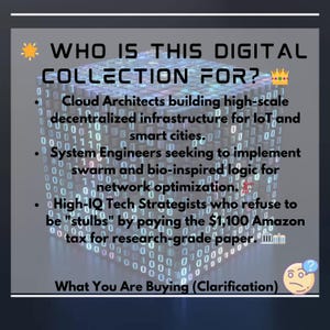 K&ouml;nnte beinhalten: Digitale Grafik mit dem Text "F&Uuml;R WEN IST DIESE DIGITALE SAMMLUNG?" und Aufz&auml;hlungspunkten, die die Zielgruppe beschreiben: Cloud-Architekten, Systemingenieure und High-IQ-Tech-Strategen. Der Hintergrund ist ein 3D-W&uuml;rfel mit Bin&auml;rcode.