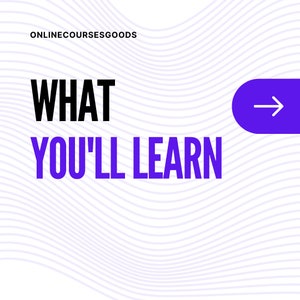 Może przedstawiać: Białe tło z falistym wzorem. Tekst "WHAT YOU'LL LEARN" jest w kolorze czarnym i niebieskim. Fioletowy przycisk z białą strzałką skierowaną w prawo.