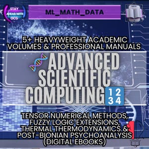 May include: Digital ebook advertisement with the text "ADVANCED SCIENTIFIC COMPUTING" and "5+ HEAVYWEIGHT ACADEMIC VOLUMES & PROFESSIONAL MANUALS." The image includes the text "TENSOR NUMERICAL METHODS, FUZZY LOGIC EXTENSIONS, THERMAL THERMODYNAMICS & POST-BIONIAN PSYCHOANALYSIS (DIGITAL EBOOKS)."