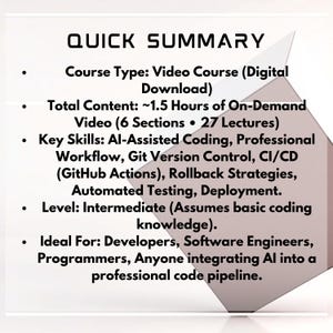 May include: A white and gray graphic with the text "QUICK SUMMARY" at the top. The text describes a video course, including course type, content length, key skills, and level. The course is for developers and programmers.