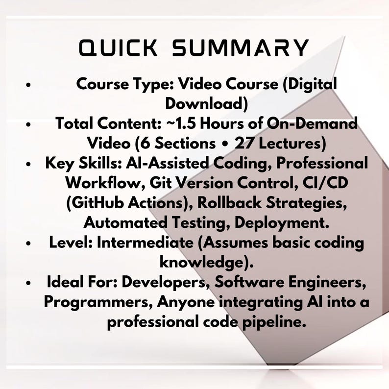 May include: A white and gray graphic with the text "QUICK SUMMARY" at the top. The text describes a video course, including course type, content length, key skills, and level. The course is for developers and programmers.