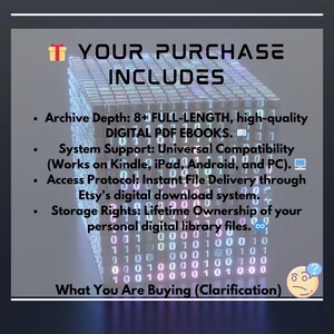 Pode incluir: Imagem com o texto "SUA COMPRA INCLUI" e marcadores detalhando e-books PDF digitais, suporte do sistema, protocolo de acesso e direitos de armazenamento. O fundo apresenta um design de cubo 3D com c&oacute;digo bin&aacute;rio.