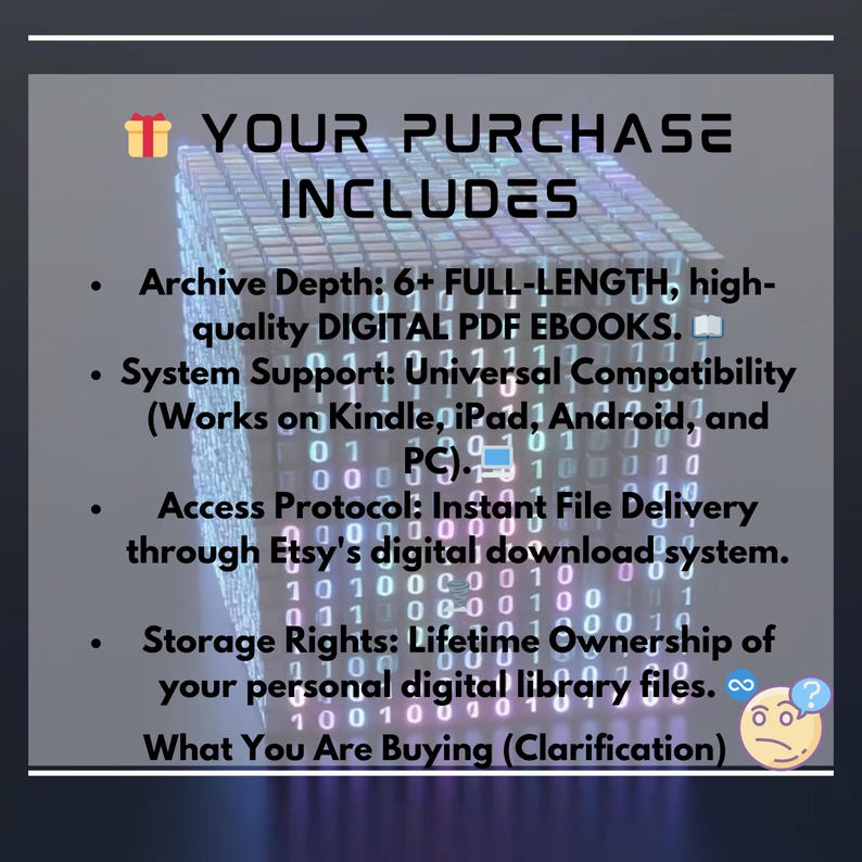 May include: Image with text: "YOUR PURCHASE INCLUDES" and bullet points detailing digital PDF ebooks, universal compatibility, instant file delivery, and lifetime storage rights. A gift box graphic is at the top.