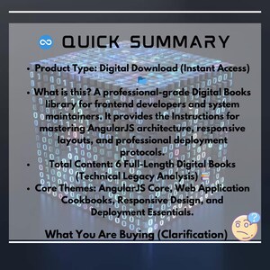 May include: A digital download graphic with the text "QUICK SUMMARY" at the top. The image lists the product type as a digital download, and describes the content as a professional-grade digital book library for frontend developers.
