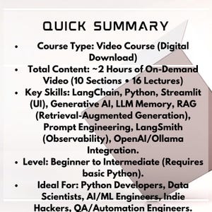 Puede incluir: Un gr&aacute;fico digital titulado "RESUMEN R&Aacute;PIDO" detalla un curso en v&iacute;deo. El curso es un curso en v&iacute;deo con aproximadamente 2 horas de contenido de v&iacute;deo a la carta. Las habilidades clave incluyen LangChain, Python e IA generativa.