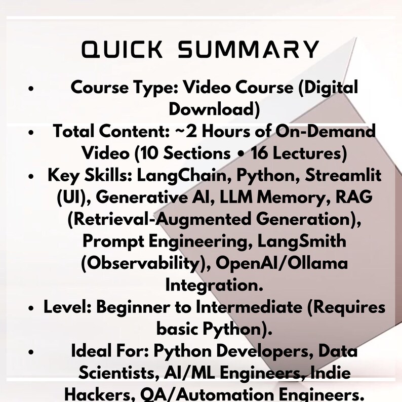 Puede incluir: Un gr&aacute;fico digital titulado "RESUMEN R&Aacute;PIDO" detalla un curso en v&iacute;deo. El curso es un curso en v&iacute;deo con aproximadamente 2 horas de contenido de v&iacute;deo a la carta. Las habilidades clave incluyen LangChain, Python e IA generativa.