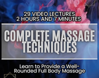 Puede incluir: Un fondo abstracto azul y rosa con texto blanco superpuesto. El texto dice "29 VIDEO LECTURES 2 HOURS AND 7 MINUTES COMPLETE MASSAGE TECHNIQUES Learn to Provide a Well-Rounded Full Body Massage".