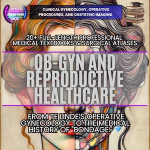 May include: An artistic illustration with text related to gynecology and reproductive healthcare. The image features a split face design with text overlaying the image. Text includes "Clinical Gynecology", "OB-GYN and Reproductive Healthcare", and "20+ Full-Length Professional Medical Textbooks".