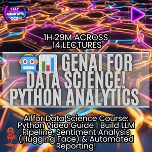 May include: A digital graphic advertising a data science course. The image includes the text "GENAI FOR DATA SCIENCE! PYTHON ANALYTICS" and "AI for Data Science Course". The background has a neon, abstract design with a play button icon.