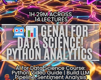 Puede incluir: Un gráfico digital que promociona un curso de ciencia de datos. La imagen presenta el texto "GENAI FOR DATA SCIENCE! PYTHON ANALYTICS" y "AI for Data Science Course". El fondo tiene un diseño abstracto de neón con un icono de reproducción.