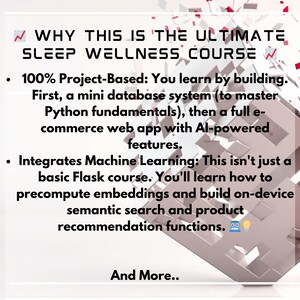 Puede incluir: Texto blanco y rojo sobre un fondo claro. El texto dice "WHY THIS IS THE ULTIMATE SLEEP WELLNESS COURSE". Puntos de vi&ntilde;eta describen el curso, incluyendo aprendizaje basado en proyectos e integraci&oacute;n de aprendizaje autom&aacute;tico.