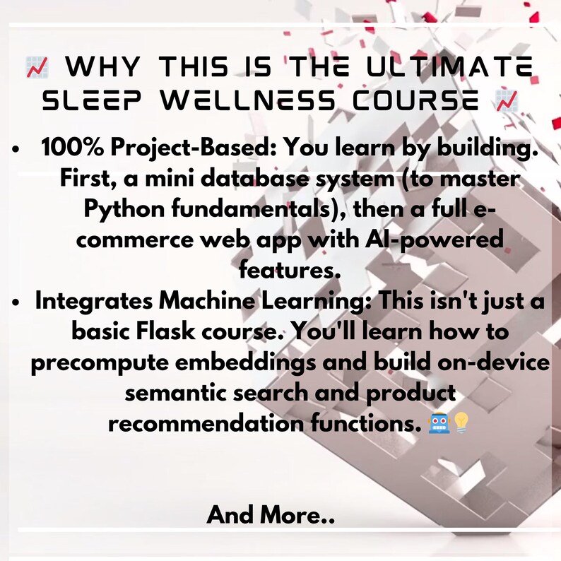 Puede incluir: Texto blanco y rojo sobre un fondo claro. El texto dice "WHY THIS IS THE ULTIMATE SLEEP WELLNESS COURSE". Puntos de vi&ntilde;eta describen el curso, incluyendo aprendizaje basado en proyectos e integraci&oacute;n de aprendizaje autom&aacute;tico.