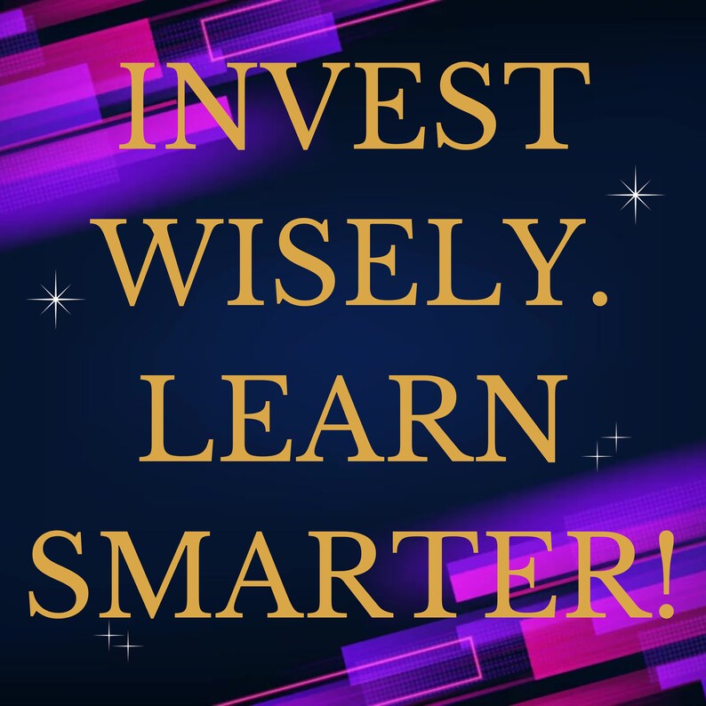 以下が含まれることがあります： 紫とピンクのネオンライトが輝く濃い青色の背景に、やる気を起こさせる言葉が書かれています。言葉は「賢く投資しよう。もっと賢く学ぼう！」です。