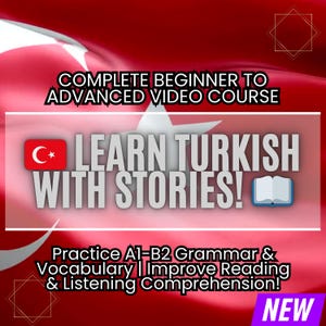 Puede incluir: Imagen promocional de un curso de vídeo de idioma turco. La imagen presenta el texto "¡APRENDE TURCO CON HISTORIAS!" y "Practica la gramática y el vocabulario A1-B2". El fondo es un diseño rojo y blanco con la bandera turca.