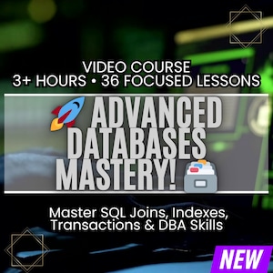 May include: An advertisement for a video course titled "Advanced Databases Mastery!" The image features a rocket ship graphic and a file cabinet icon. The text indicates the course includes 3+ hours of content with 36 focused lessons, covering SQL joins, indexes, transactions, and DBA skills.