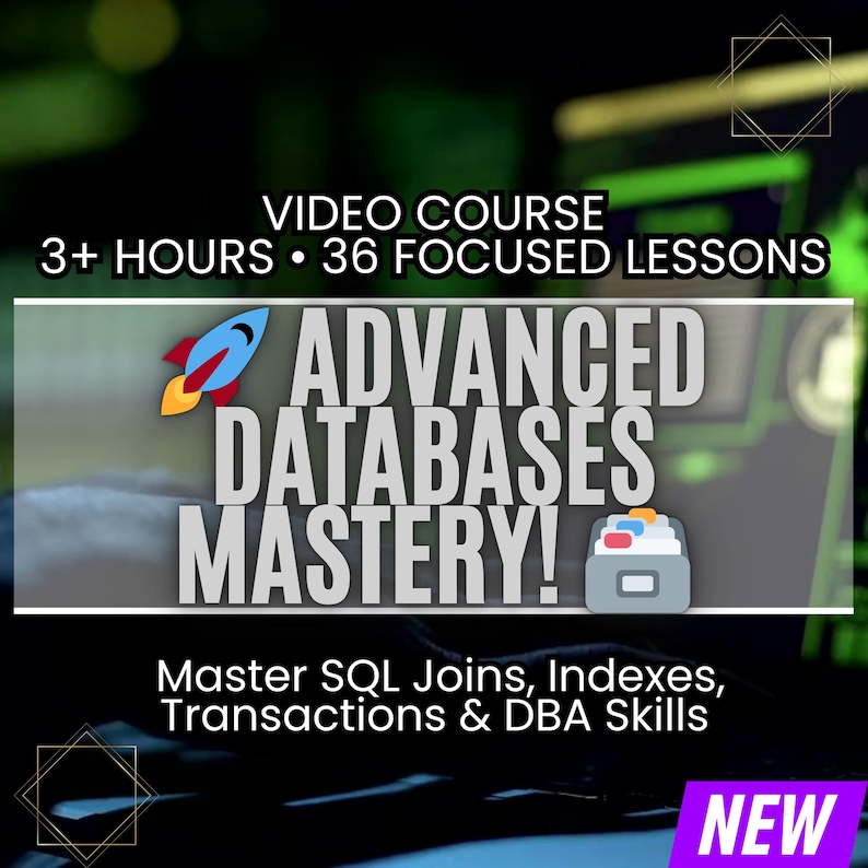 May include: An advertisement for a video course titled "Advanced Databases Mastery!" The image features a rocket ship graphic and a file cabinet icon. The text indicates the course includes 3+ hours of content with 36 focused lessons, covering SQL joins, indexes, transactions, and DBA skills.