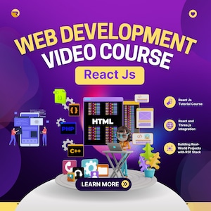 Könnte beinhalten: Eine lila und gelbe Grafik mit dem Text "WEB DEVELOPMENT VIDEO COURSE React Js" und einer Cartoon-Illustration einer Person, die vor einem Computerbildschirm mit dem Text "HTML" darauf programmiert. Das Bild enthält auch Symbole, die verschiedene Programmiersprachen wie PHP, C++ und Javascript repräsentieren.