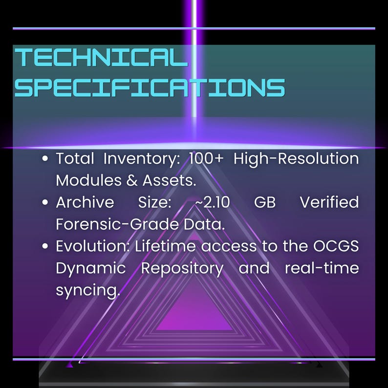 May include: A digital graphic with the text "TECHNICAL SPECIFICATIONS" in teal. Below, bullet points detail inventory, archive size (~2.10 GB), and lifetime access to a dynamic repository. The background features a purple and black geometric design.