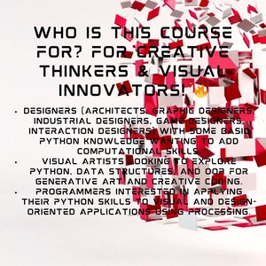 Pu&ograve; includere: Un poster verde acqua con testo bianco. Il titolo recita "PER CHI &Egrave; QUESTO CORSO?" e "PER PENSATORI CREATIVI E INNOVATORI VISIVI!" Il testo sottostante elenca designer, artisti visivi e programmatori. Forme geometriche rosse e bianche sullo sfondo.