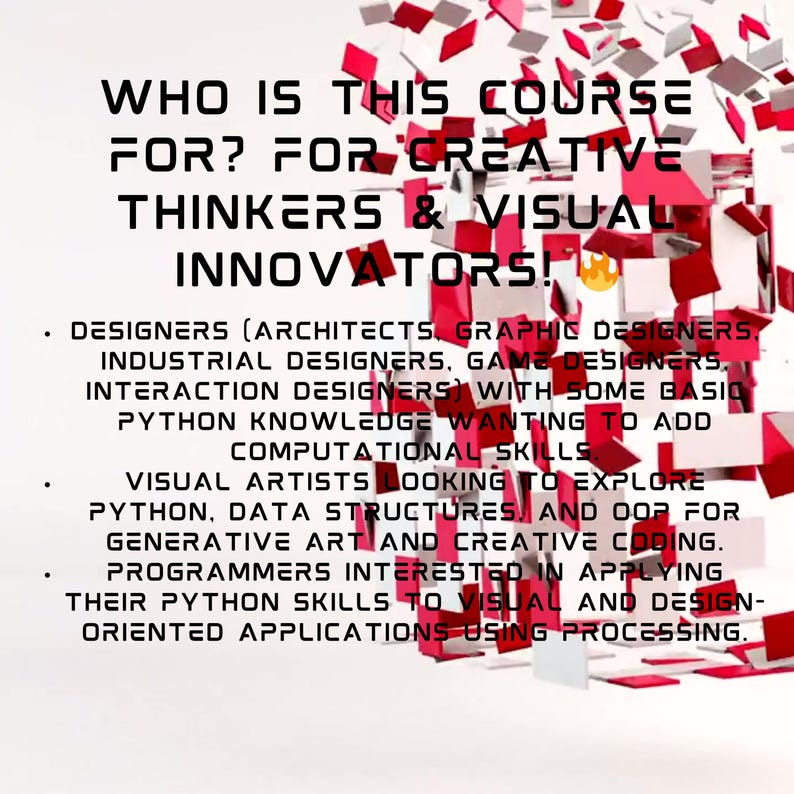 Pu&ograve; includere: Un poster verde acqua con testo bianco. Il titolo recita "PER CHI &Egrave; QUESTO CORSO?" e "PER PENSATORI CREATIVI E INNOVATORI VISIVI!" Il testo sottostante elenca designer, artisti visivi e programmatori. Forme geometriche rosse e bianche sullo sfondo.