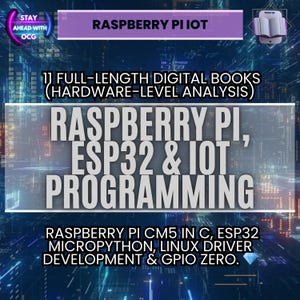 Könnte beinhalten: Eine digitale Grafik, die Raspberry Pi IoT-Programmierung bewirbt. Das Bild zeigt den Text "Raspberry Pi, ESP32 & IoT Programming" und "11 Full-Length Digital Books". Zusätzlicher Text enthält "Raspberry Pi CM5 in C, ESP32 MicroPython, Linux Driver Development & GPIO Zero."