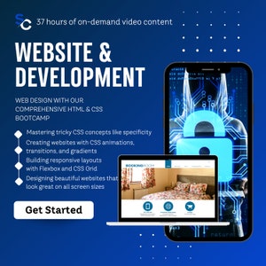 May include: A digital marketing graphic with the text "WEBSITE & DEVELOPMENT" and "37 hours of on-demand video content." A laptop displays a website, and a smartphone shows a digital lock. The graphic promotes a web design bootcamp.
