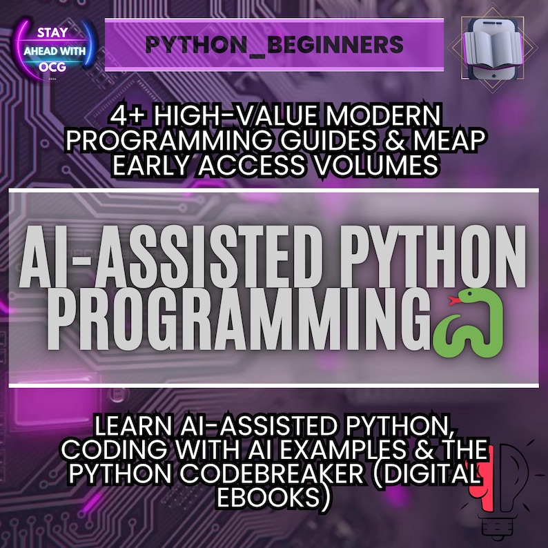 May include: A digital graphic promoting "AI-Assisted Python Programming" ebooks. The image features text that reads "PYTHON BEGINNERS" and "4+ HIGH-VALUE MODERN PROGRAMMING GUIDES & MEAP EARLY ACCESS VOLUMES". The title "AI-ASSISTED PYTHON PROGRAMMING" is prominently displayed.
