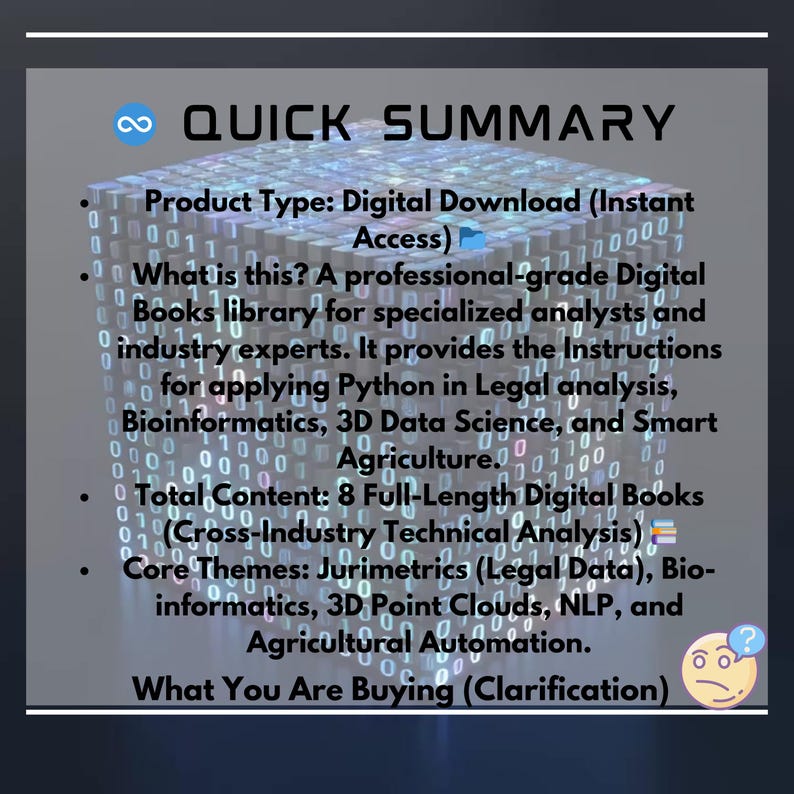 Pode incluir: Resumo de um produto digital intitulado "QUICK SUMMARY". A imagem destaca uma biblioteca digital para analistas e especialistas da ind&uacute;stria, oferecendo instru&ccedil;&otilde;es para Python em an&aacute;lise jur&iacute;dica, bioinform&aacute;tica e ci&ecirc;ncia de dados 3D. Inclui 8 livros digitais completos.