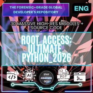 May include: A digital graphic with text: "THE FORENSIC-GRADE GLOBAL DEVELOPER'S REPOSITORY" and "30 MASSIVE HIGH-RES MODULES + SOURCE CODE." The text "ROOT ACCESS: ULTIMATE PYTHON_2026" is also visible. Icons for code, AI, PDF, and a terminal are included.