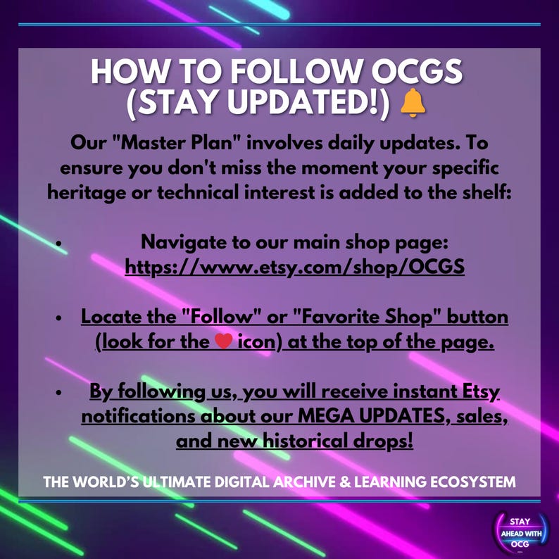 May include: A purple graphic with the text "HOW TO FOLLOW OCGS (STAY UPDATED!)". The image provides instructions on how to follow the shop on Etsy to receive updates, sales, and new historical drops. The Etsy shop URL is included.