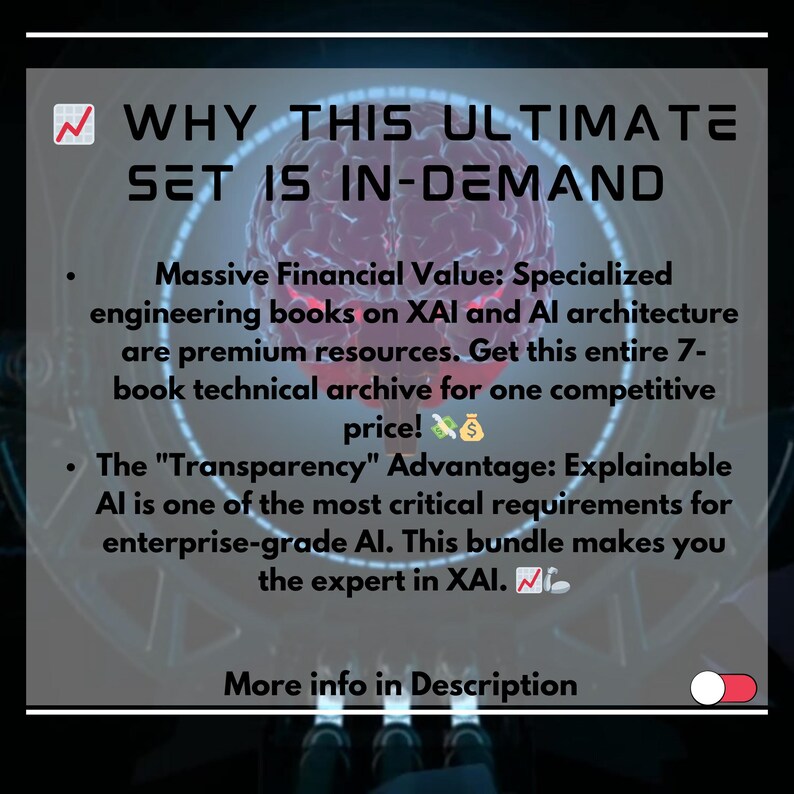 Może przedstawiać: Grafika promocyjna z tekstem "WHY THIS ULTIMATE SET IS IN-DEMAND". Tekst podkreśla wartość specjalistycznych książek inżynierskich o XAI i architekturze AI. Wspomina r&oacute;wnież korzyść "Przejrzystości".