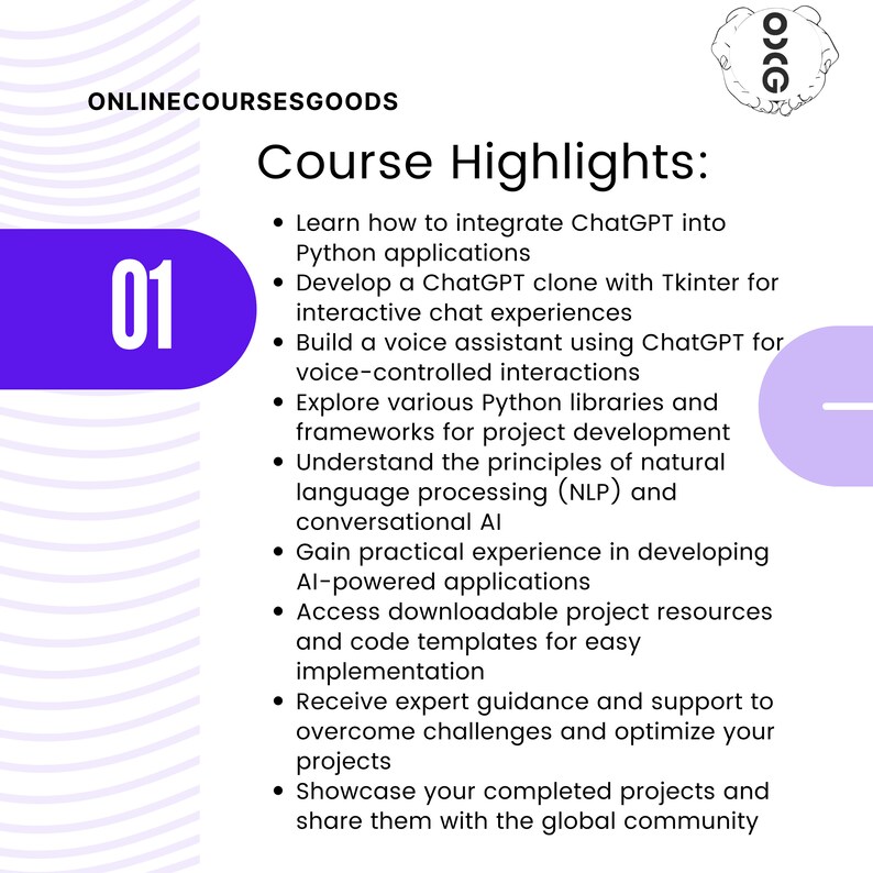 K&ouml;nnte beinhalten: Eine blaue und wei&szlig;e Grafik mit dem Text "ONLINECOURSESGOODS" und "Kurs-Highlights:" in schwarzer Schrift. Die Grafik listet 10 Punkte auf, die den Kursinhalt beschreiben, darunter die Integration von ChatGPT in Python-Anwendungen, die Entwicklung eines ChatGPT-Klons, den Bau eines Sprachassistenten, die Erkundung von Python-Bibliotheken, das Verst&auml;ndnis von nat&uuml;rlicher Sprachverarbeitung und das Sammeln praktischer Erfahrungen in der Entwicklung von KI-gest&uuml;tzten Anwendungen.