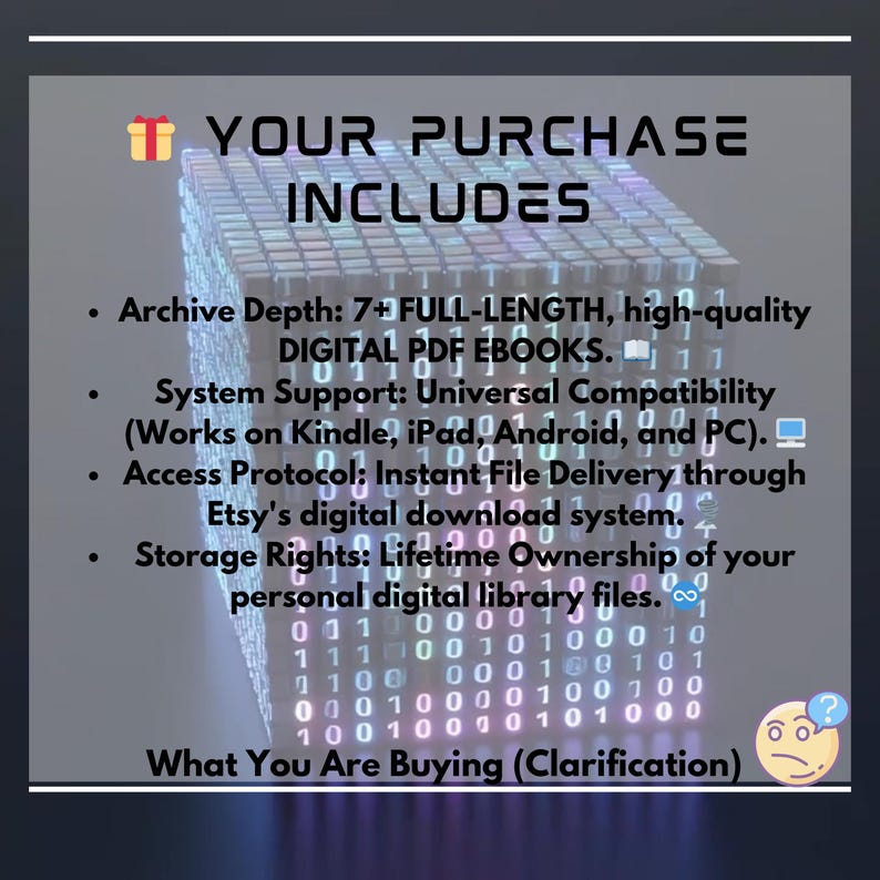 Puede incluir: Imagen con el texto &laquo;&nbsp;SU COMPRA INCLUYE&nbsp;&raquo; y vi&ntilde;etas que detallan libros electr&oacute;nicos PDF digitales, compatibilidad universal, entrega instant&aacute;nea de archivos y derechos de almacenamiento de por vida. El fondo presenta un dise&ntilde;o de cubo 3D con c&oacute;digo binario.