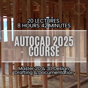 Pode incluir: Um cartaz a anunciar um curso de AutoCAD 2025. O cartaz está colocado sobre um fundo de uma casa de estrutura de madeira em construção. O texto no cartaz diz "20 Aulas, 8 Horas 42 Minutos, Curso de AutoCAD 2025, Domine o design 2D e 3D, Desenho e documentação."