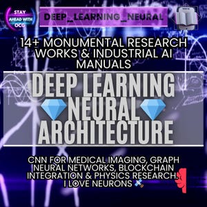May include: A graphic with the text "DEEP LEARNING NEURAL ARCHITECTURE" and "14+ MONUMENTAL RESEARCH WORKS & INDUSTRIAL AI MANUALS." Additional text includes "CNN FOR MEDICAL IMAGING, GRAPH NEURAL NETWORKS, BLOCKCHAIN INTEGRATION & PHYSICS RESEARCH. I LOVE NEURONS."