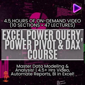 Könnte beinhalten: Digitales Grafikdesign für einen Excel Power Query, Power Pivot & DAX Kurs. Das Bild zeigt den Text "4,5 STUNDEN ON-DEMAND VIDEO" und "Meistern Sie Datenmodellierung & Analyse!" Der Hintergrund hat ein dunkles, abstraktes Design mit rosa und violetten Farbtönen.