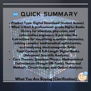 Może przedstawiać: Grafika do pobrania cyfrowego z tekstem "QUICK SUMMARY". Wymienia typ produktu jako książki cyfrowe dla naukowc&oacute;w i inżynier&oacute;w. Gł&oacute;wne tematy to fizyka kwantowa i optymalizacja matematyczna. Obraz zawiera ikonę znaku zapytania.