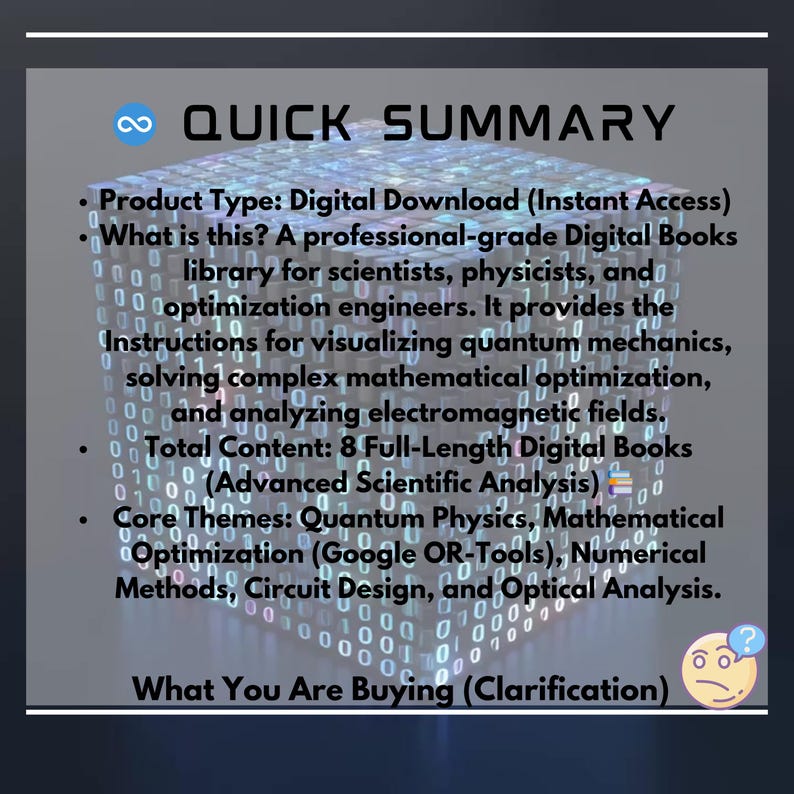 Może przedstawiać: Grafika do pobrania cyfrowego z tekstem "QUICK SUMMARY". Wymienia typ produktu jako książki cyfrowe dla naukowc&oacute;w i inżynier&oacute;w. Gł&oacute;wne tematy to fizyka kwantowa i optymalizacja matematyczna. Obraz zawiera ikonę znaku zapytania.