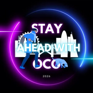 Może przedstawiać: Grafika cyfrowa z napisem "STAY AHEAD WITH OCO" w kolorze białym, przedstawiająca biegnącą postać i niebieskiego psa, na czarnym tle z neonowymi fioletowymi i niebieskimi okrągłymi akcentami. Rok "2026" znajduje się na dole.
