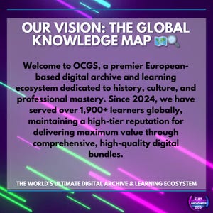 Może przedstawiać: Fioletowa grafika z tekstem "OUR VISION: THE GLOBAL KNOWLEDGE MAP". Tekst poniżej opisuje OCGS, europejskie cyfrowe archiwum i ekosystem uczenia się. Podkreśla obsługę ponad 1900+ uczni&oacute;w od 2024 roku, oferując wysokiej jakości pakiety cyfrowe.