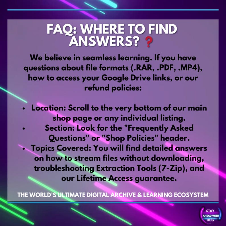 Puede incluir: Gr&aacute;fico con un fondo degradado p&uacute;rpura y azul. El texto dice "FAQ: &iquest;D&Oacute;NDE ENCONTRAR RESPUESTAS?" y proporciona instrucciones sobre c&oacute;mo encontrar respuestas sobre formatos de archivo, enlaces de Google Drive y pol&iacute;ticas de reembolso.