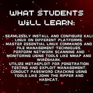 K&ouml;nnte beinhalten: Eine rote und schwarze Grafik mit wei&szlig;em Text, der "WAS STUDIERENDE LERNEN:" lautet und die F&auml;higkeiten auflistet, die Studierende in einem Cybersecurity-Kurs erlernen. Zu den F&auml;higkeiten geh&ouml;ren die Installation und Konfiguration von Kali Linux, die Beherrschung wichtiger Linux-Befehle, die Durchf&uuml;hrung von Netzwerkscans und die Verwendung von Tools wie Nmap und Wireshark.