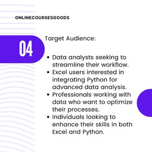 May include: A purple graphic with the number 04 and the text "Target Audience:" followed by a list of four bullet points describing the target audience for online courses. The bullet points describe data analysts, Excel users, professionals, and individuals.