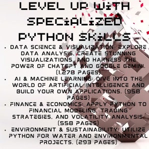Peut inclure: Un graphique color&eacute; avec le texte "Level Up With Specialized Python Skills". Le graphique liste quatre domaines de sp&eacute;cialisation&nbsp;: Science des donn&eacute;es et visualisation, IA et apprentissage automatique, Finance et &eacute;conomie, et Environnement et durabilit&eacute;. Chaque domaine comprend une br&egrave;ve description et le nombre de pages du cours.