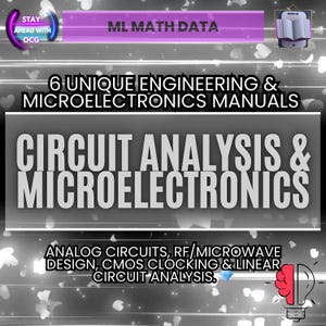 May include: Image advertising "6 Unique Engineering & Microelectronics Manuals." The text includes "Circuit Analysis & Microelectronics" and topics like analog circuits and CMOS clocking. The design features a lightbulb and book icon.