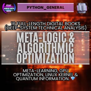 Puede incluir: Gráfico digital con el texto "PYTHON_GENERAL" y "16 LIBROS DIGITALES COMPLETOS (ANÁLISIS TÉCNICO DE SISTEMAS PROFUNDOS)". El texto central dice "META-LÓGICA Y OPTIMIZACIÓN ALGORÍTMICA". El texto adicional incluye "META-APRENDIZAJE, OPTIMIZACIÓN DE GPU, KERNEL DE LINUX E INFORMACIÓN CUÁNTICA."