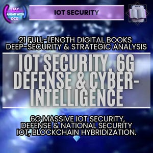 Op de afbeelding: Een digitale afbeelding met de tekst "IOT SECURITY" en gerelateerde onderwerpen. De afbeelding bevat de zinnen "21 VOLLEDIGE DIGITALE BOEKEN", "DEEP-SECURITY & STRATEGIC ANALYSIS", "6G MASSIVE IOT SECURITY" en "IOT, BLOCKCHAIN HYBRIDIZATION."