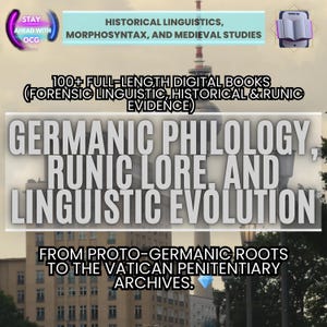 May include: Image promoting historical linguistics and related studies. Text includes "Germanic Philology, Runic Lore, and Linguistic Evolution" and "100+ Full-Length Digital Books". The background features a cityscape.