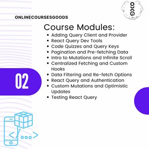 May include: A purple circle with the number 02 in white text. The text "ONLINECOURSESGOODS" is at the top of the image. The text "Course Modules" is in a larger font size than the rest of the text. The text below "Course Modules" is a list of bullet points describing the modules of an online course. The list includes: Adding Query Client and Provider, React Query Dev Tools, Code Quizzes and Query Keys, Pagination and Pre-fetching Data, Intro to Mutations and Infinite Scroll, Centralized Fetching and Custom Hooks, Data Filtering and Re-fetch Options, React Query and Authentication, Custom Mutations and Optimistic Updates, Testing React Query.